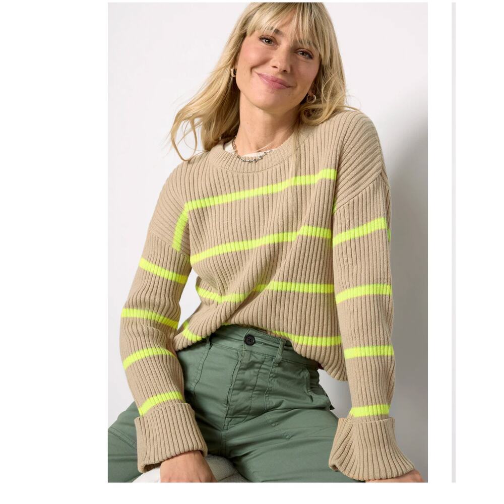 Evereve Tan and Neon Yellow Striped Sweater